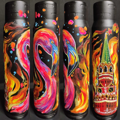 Fluorescent painted 30mm shell artwork of a flamingo burning down Red Square by Tanya Shacun