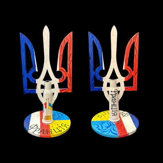 French flag painted on small Tryzub with bullet cartridge by Victory Gallery artist Anastasia Leonova