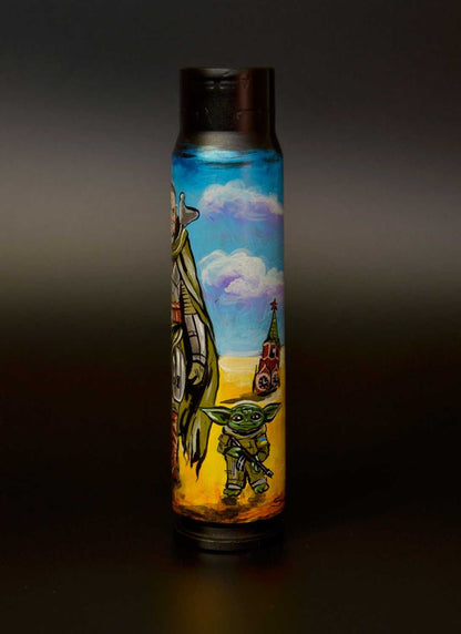 General Zaluzhnyi and Grogu illustrated on a 30mm shell by Tanya Shacun