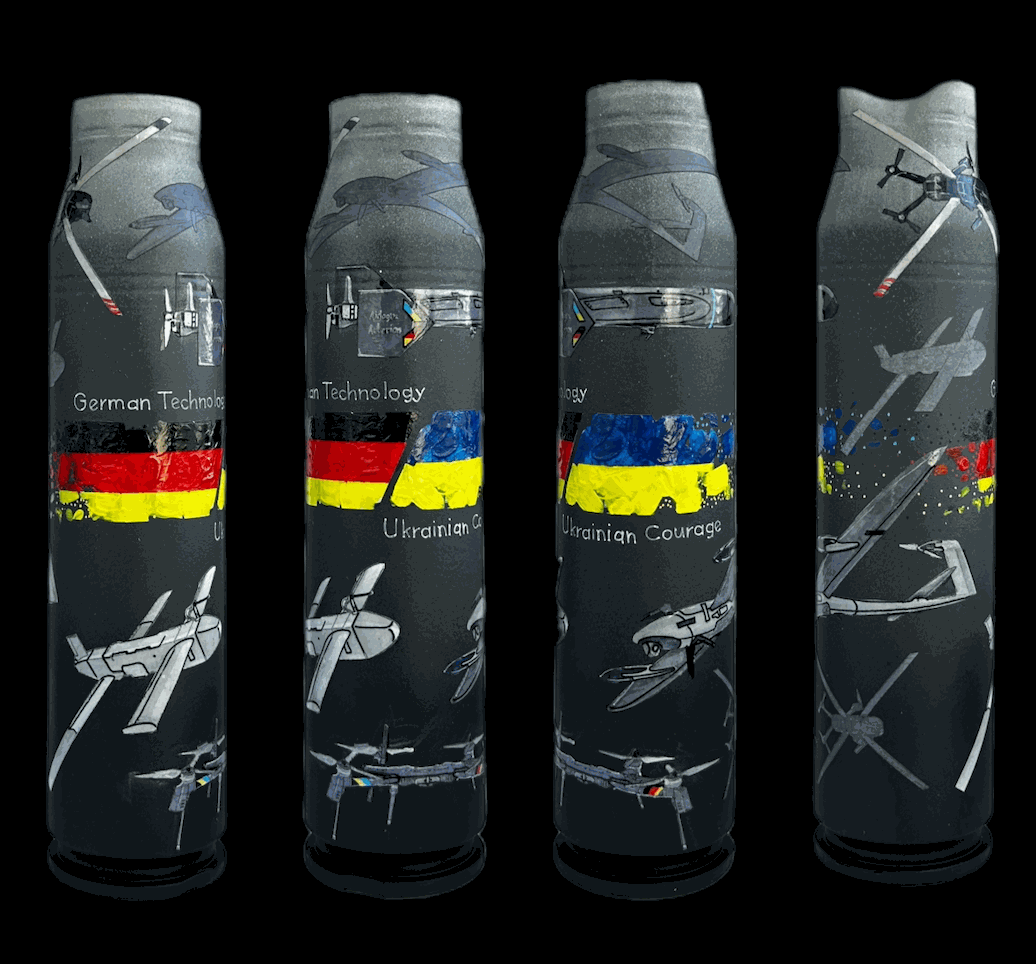 Gepard shell painted with German-made drones artwork by Ukrainian artist Anastasia