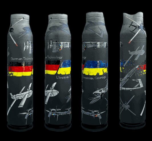 Gepard shell painted with German-made drones artwork by Ukrainian artist Anastasia