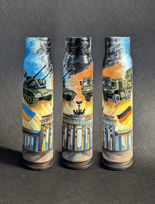 Detailed 30mm shell drawing by Catherine Ruban, titled "Thank you Germany" from Victory Gallery