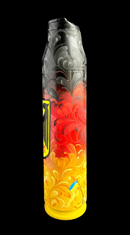 30mm Flakpanzer Gepard shell painted in German flag colors, 23cm tall, by Anastasia Leonova