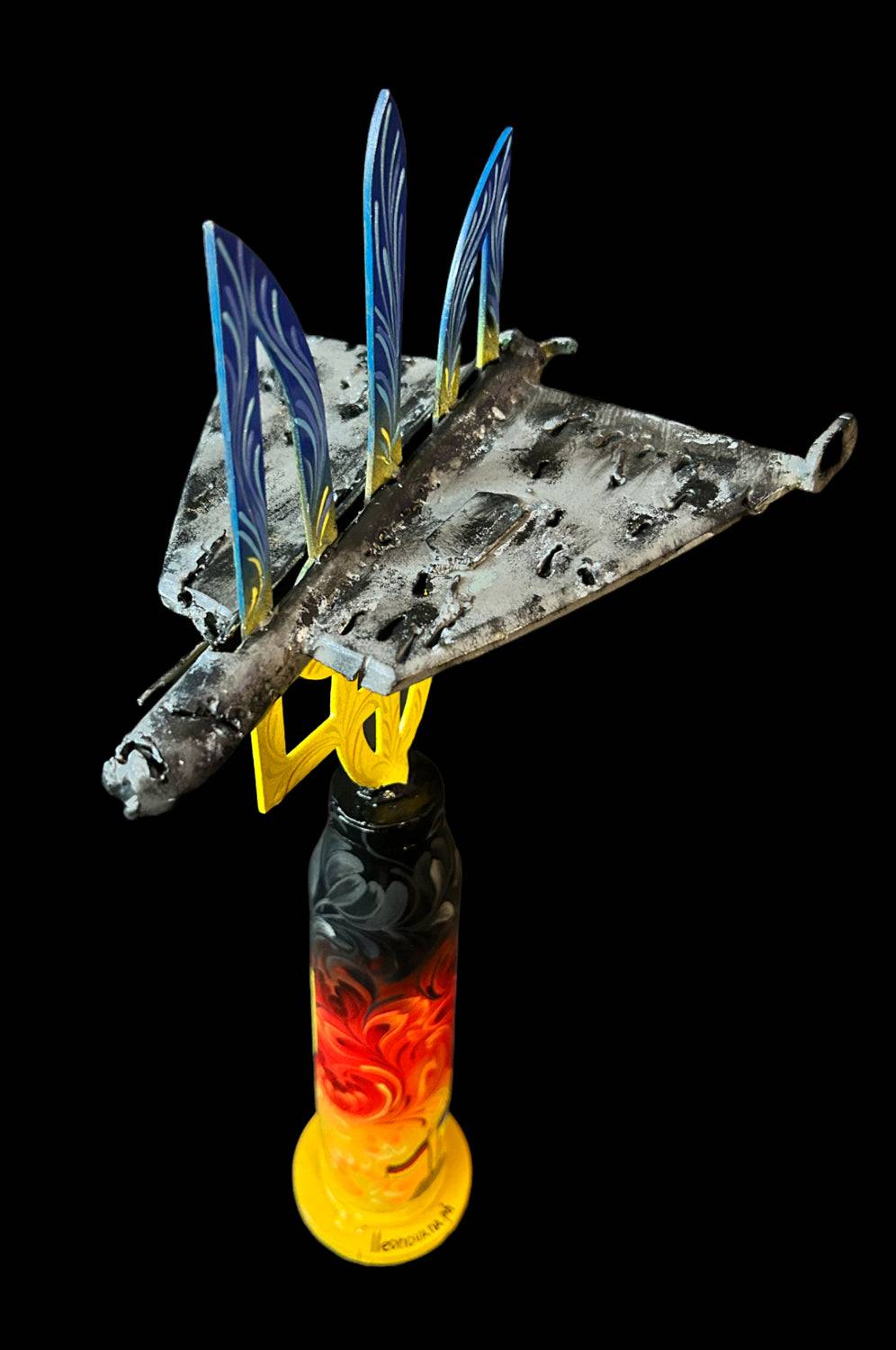 Germany Shahed drone art on Tryzub over Gepard shell in Kyiv battlefield sculpture