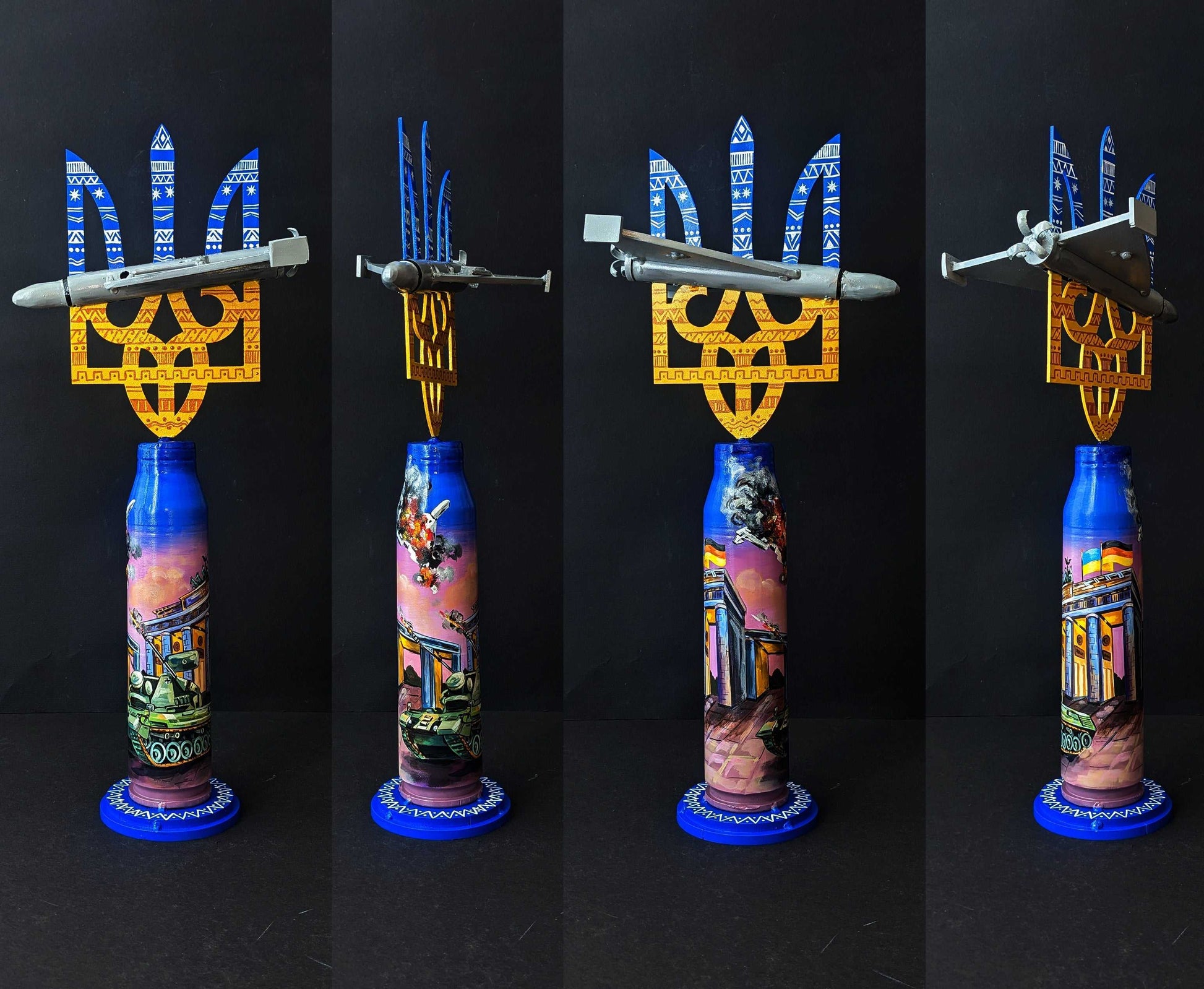 Shahed drone impaled on Tryzub emblem standing on a Gepard shell, artwork representing Germany.