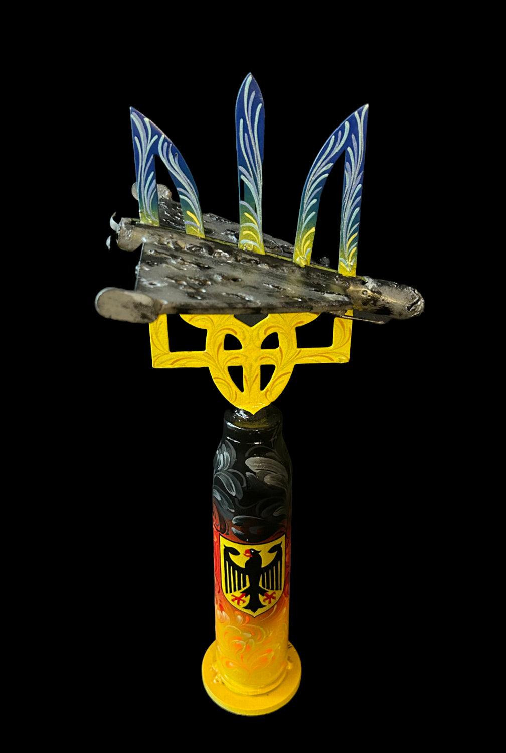 Germany Shahed drone sculpture impaled on Tryzub, mounted on Gepard shell fired in Kyiv