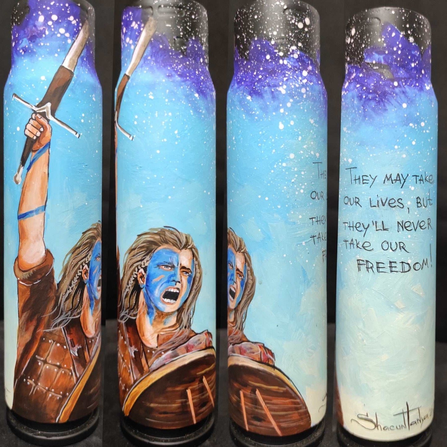 Happy Independence Day painted on 30mm shell by Tanya Shacun titled Braveheart