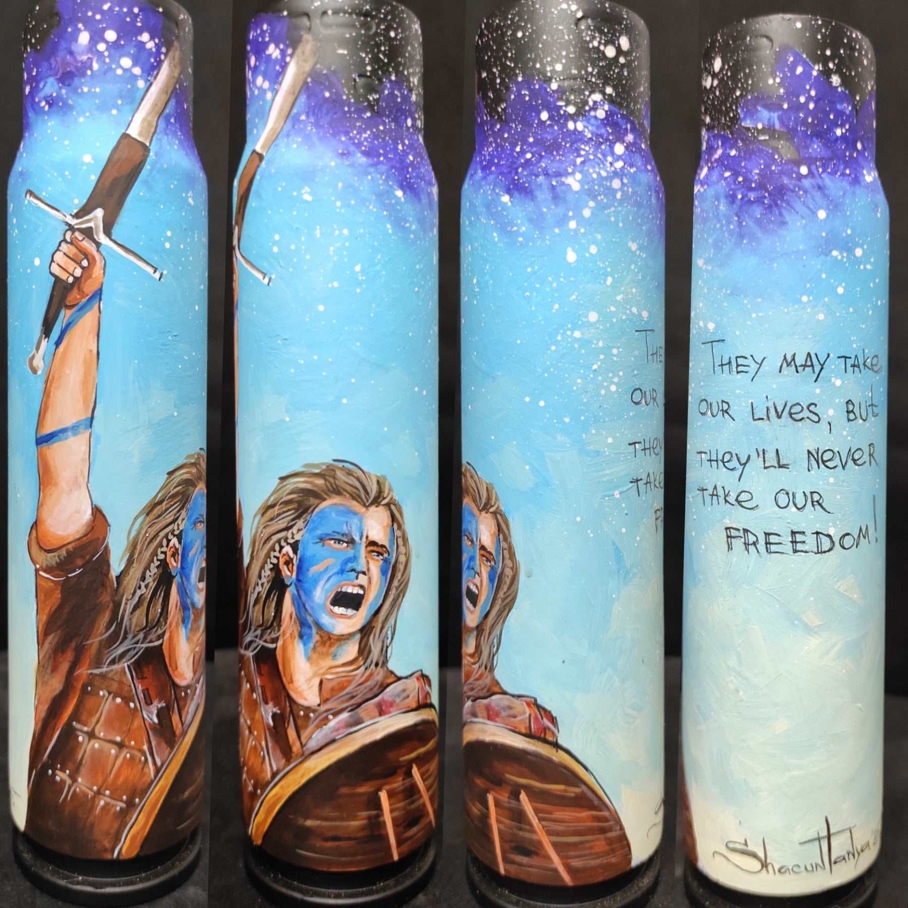 Happy Independence Day painted on 30mm shell by Tanya Shacun titled Braveheart