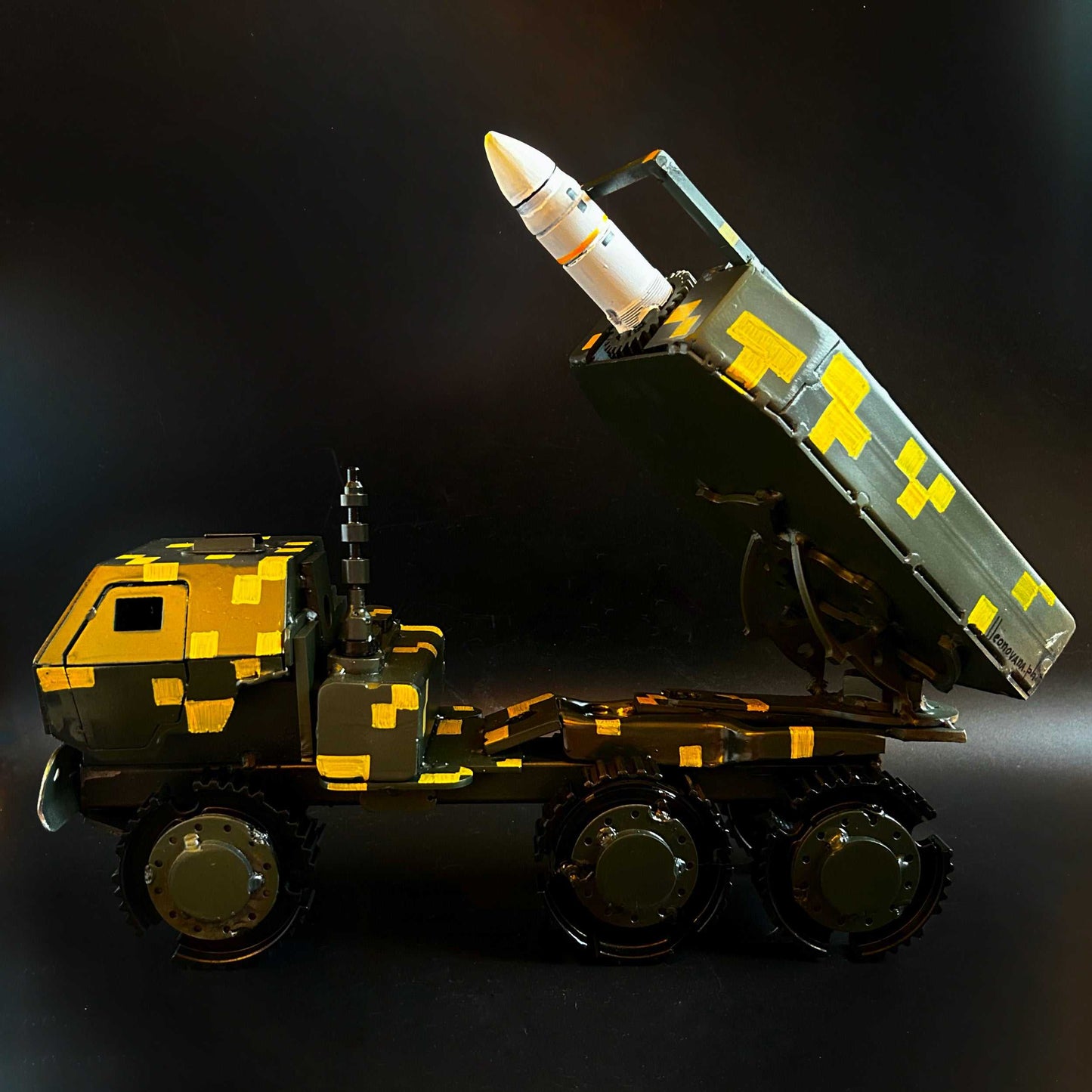 HIMARS launcher firing ATACAMS missile in artwork by Hisoshi Art Studio and Anastasia Leonova