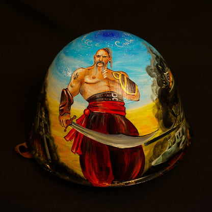 Helmet with indomitable Cossack spirit artwork and carved "Z" symbol from Antonov Airport battle