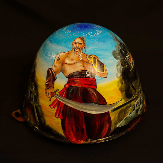 Helmet with indomitable Cossack spirit artwork and carved "Z" symbol from Antonov Airport battle