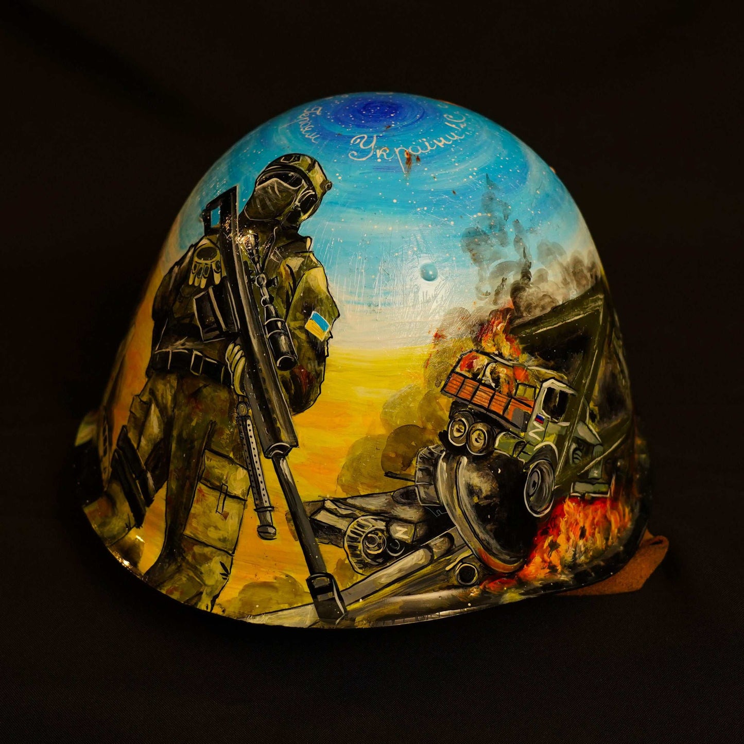 Helmet artwork featuring Indomitable Cossack Spirit with carved "Z" symbol and Ukrainian soldier depiction