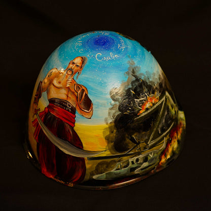 Helmet with indomitable Cossack spirit artwork and carved Russian "Z" symbol from Antonov Airport battle site
