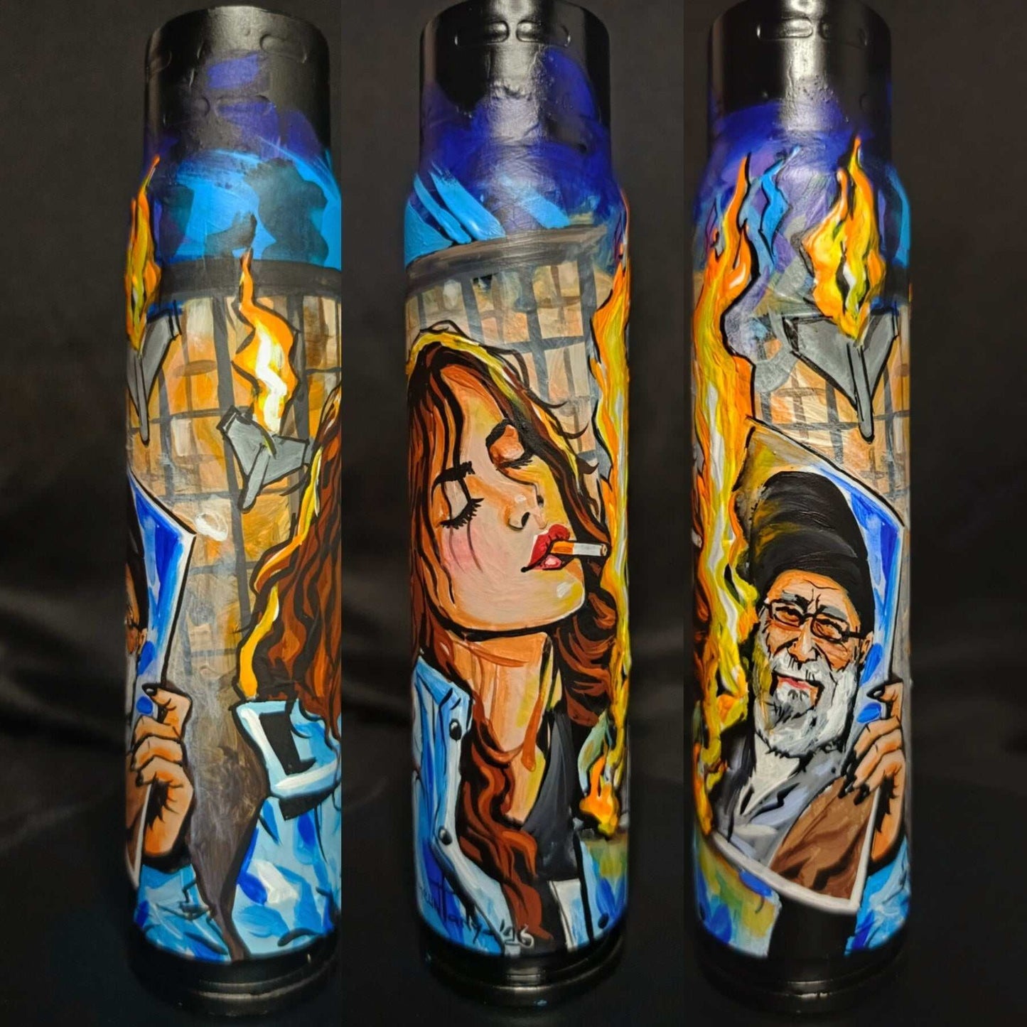 Iranian girl burning portrait of Ayatollah Ali Khamenei painted on 30mm shell