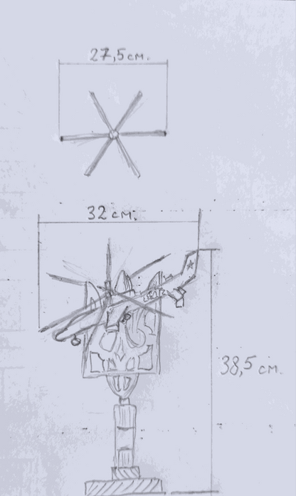 Destroyed KA-52 attack helicopter impaled on Tryzub sculpture 38.5x32x27.5cm