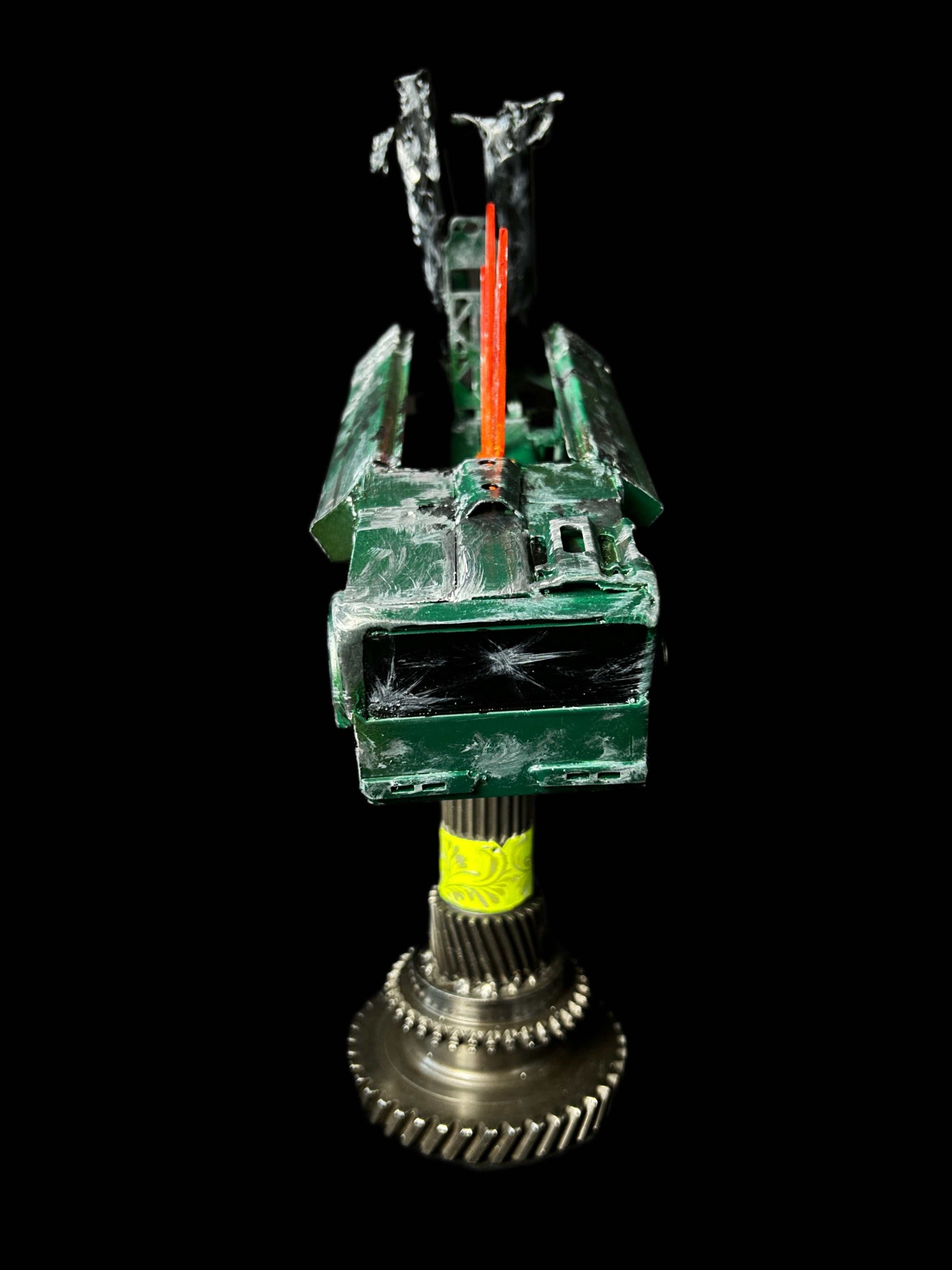 Destroyed K-300P Bastion-P model impaled on Tryzub sculpture, artwork by Hisoshi Art Studio and Tanya Shacun