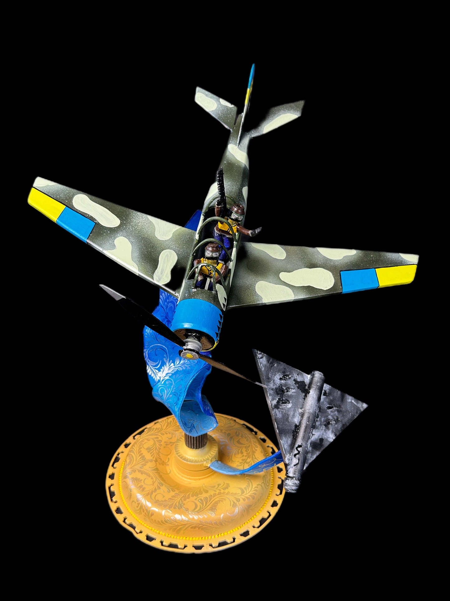 Yak-52 aircraft shooting down Shahed drone artwork by Hisoshi Art Studio and Anastasia Leonova, 44x46x37cm