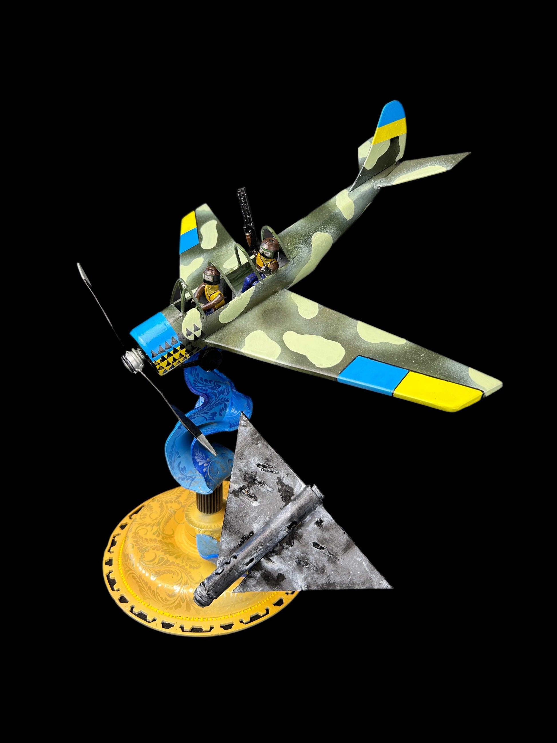 Yak-52 model shooting down shahed drone artwork inspired by KA-52 attack helicopter, detailed 44x46x37cm sculpture