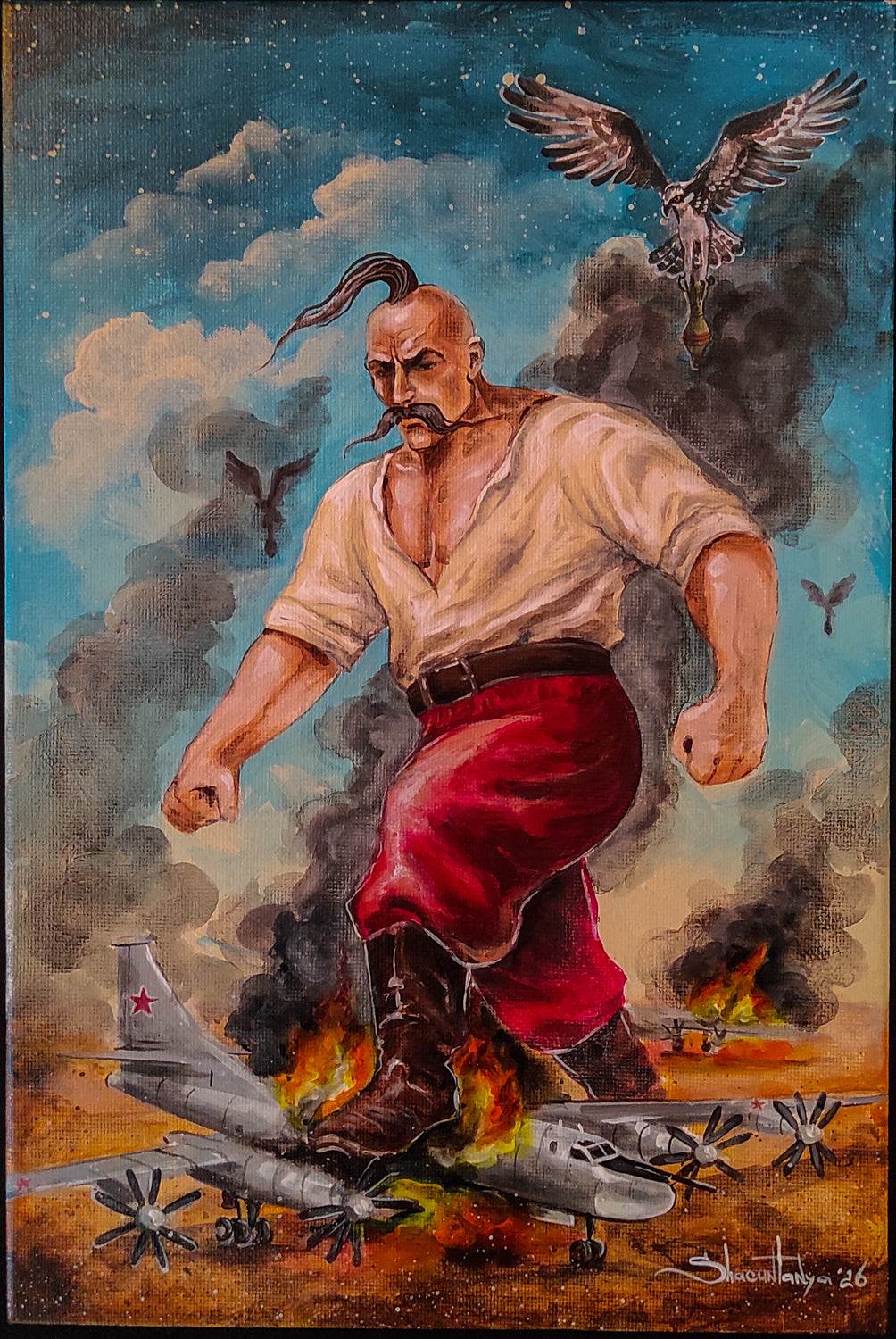 Kozak painted on canvas 20x30 cm artwork by Tanya Shacun