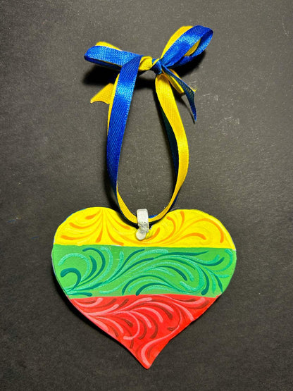 Iron Heart ornament painted with Lithuanian and Ukrainian flags made from 122mm grad rocket