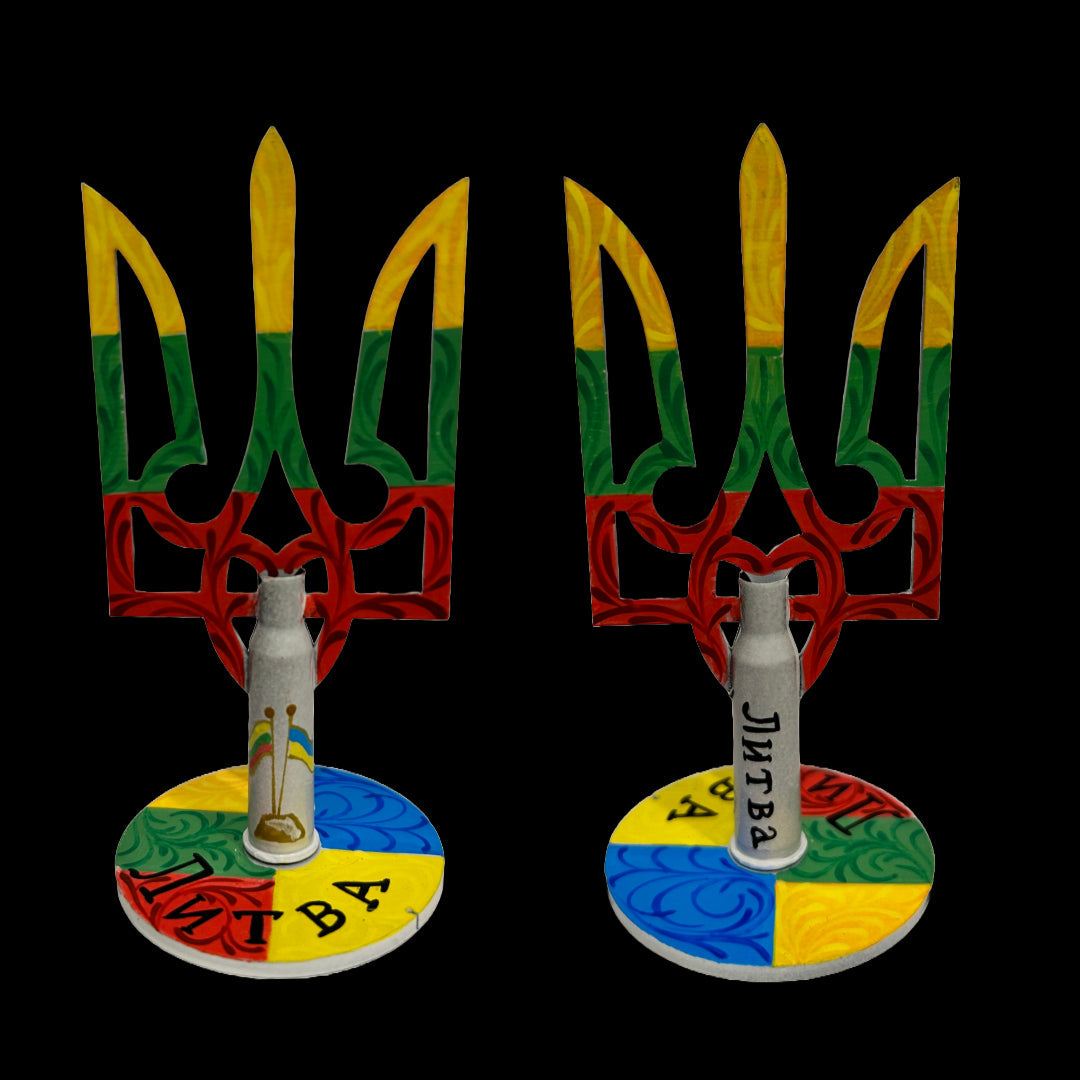 Tryzub emblem painted with Lithuanian flag colors by artist Anastasia Leonova with bullet cartridge detail