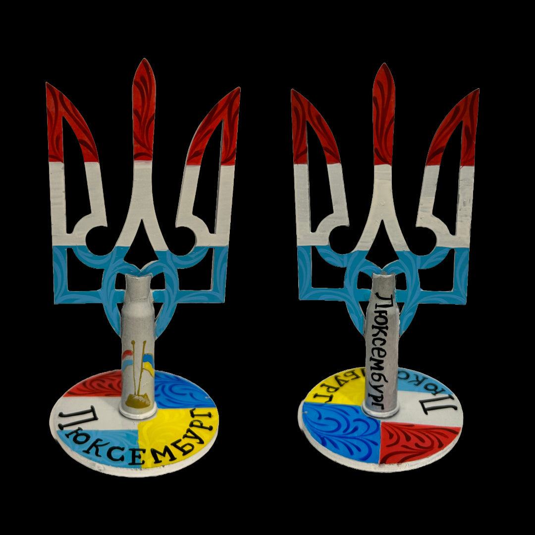 Tryzub with Luxembourgish flag painted by artist Anastasia Leonova, 13.5x6.5cm artwork
