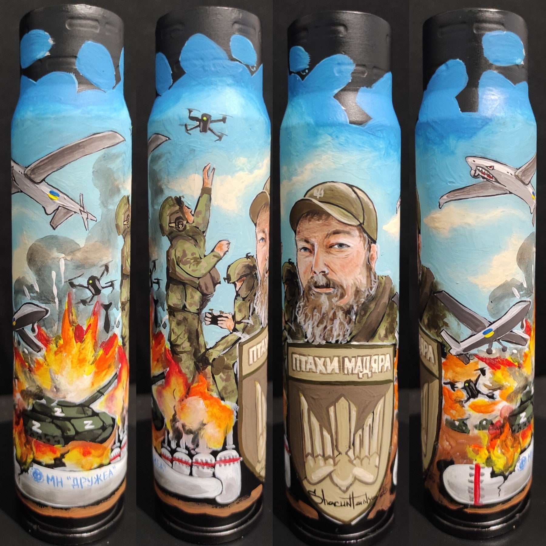 Madyar's Birds fluorescent painting on 30mm exploded shell by Tanya Shacun