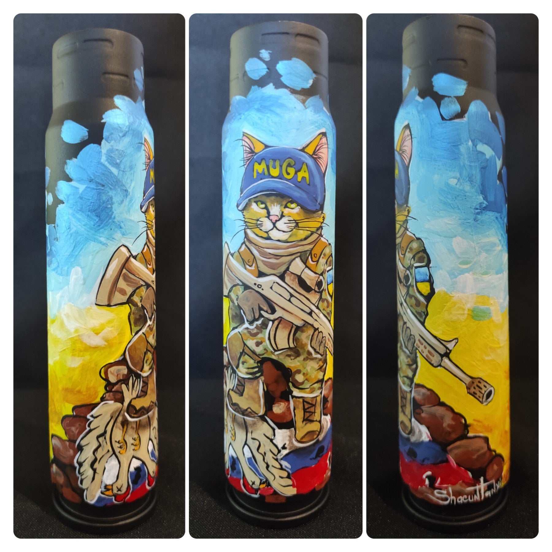 30mm shell featuring Make Ukraine Great Again MUGA cat artwork by Tanya Shacun