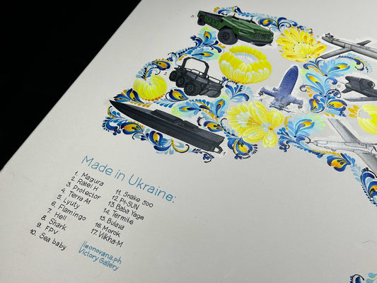 Map of drones made in Ukraine painted on canvas by Anastasia Leonova with Russian text about demilitarization