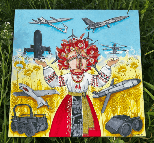 Motanka painting with map of Ukrainian-made drones on canvas by Anastasia Leonova