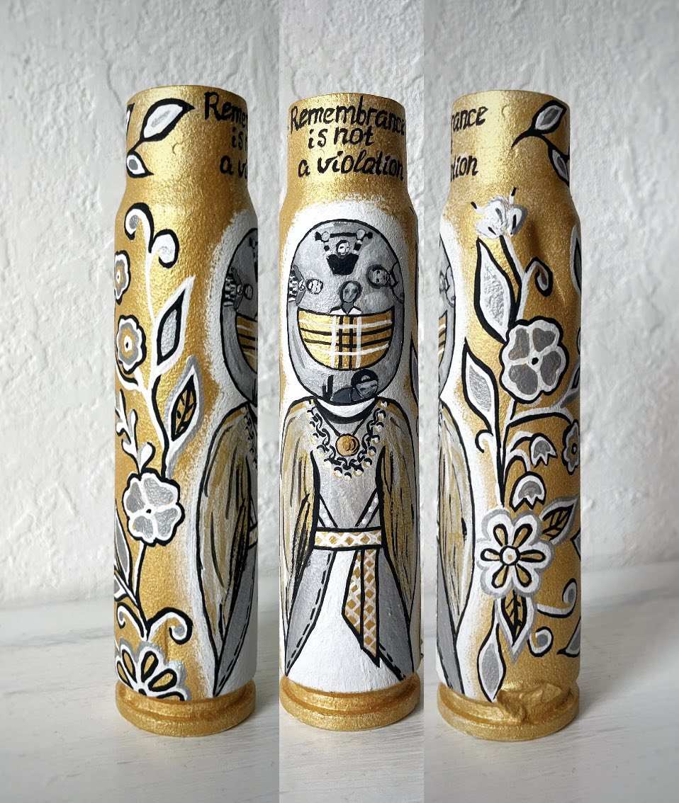 Motanka artwork drawn on 30mm shell by Anna Huliaieva, 16.5cm tall