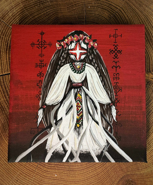 Motanka and Vedic symbols acrylic painting on canvas