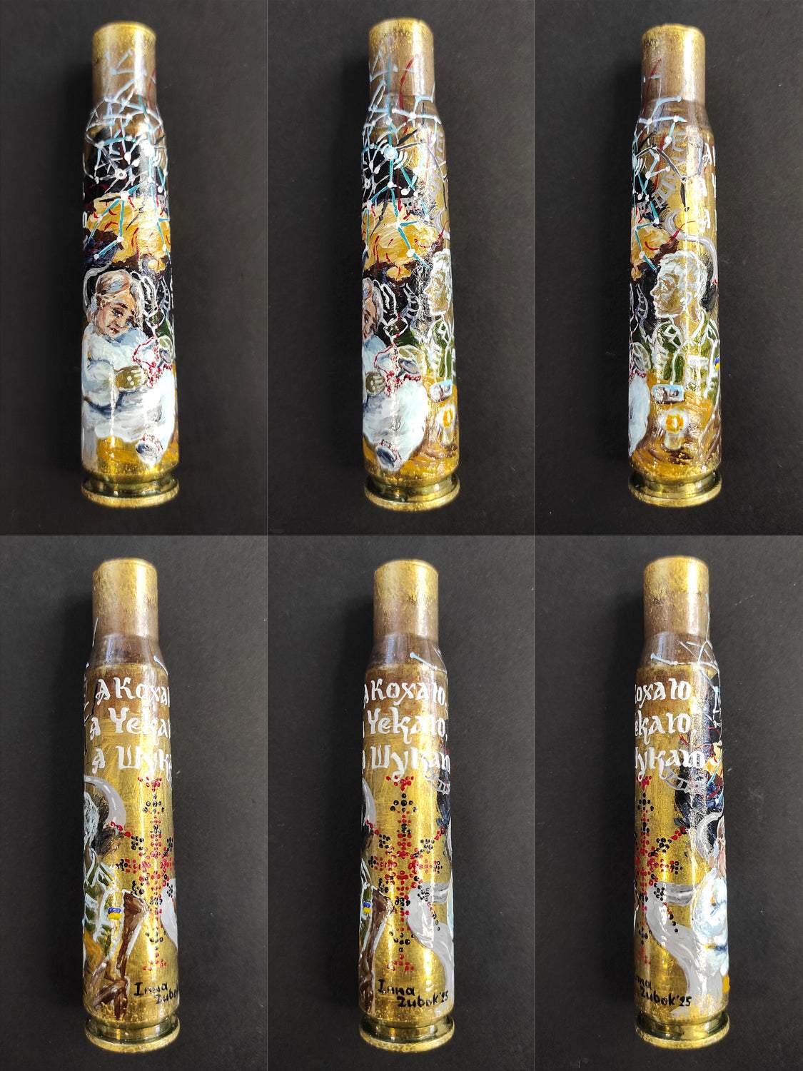 Mother waiting for missing son embroidered on small caliber shell with candle, phone, and photo artwork titled Connection by Inna Zubok