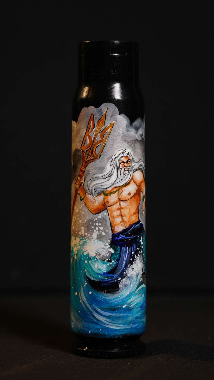 Neptune Roman god sinking Moskva Cruiser drawn on 30mm shell by Tanya Shacun