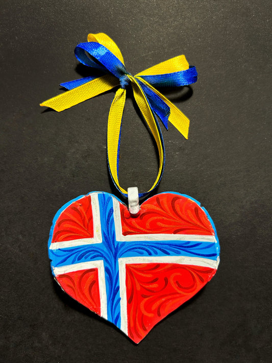 Norway iron heart ornament made from 122mm grad rocket painted with Dutch and Ukrainian flags