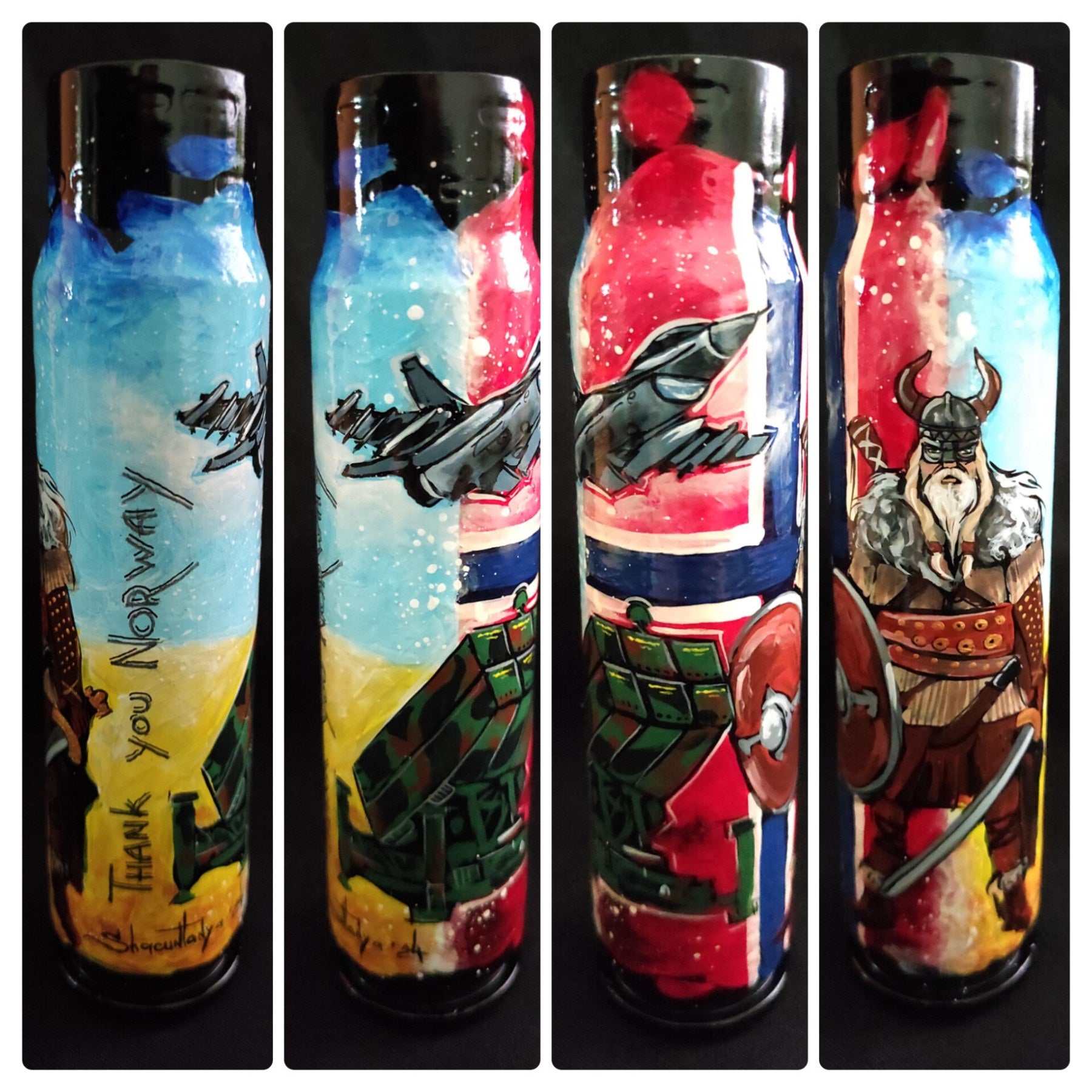 Norwegian Viking drawing on 30mm shell artwork by Tanya Shacun thanking Norway