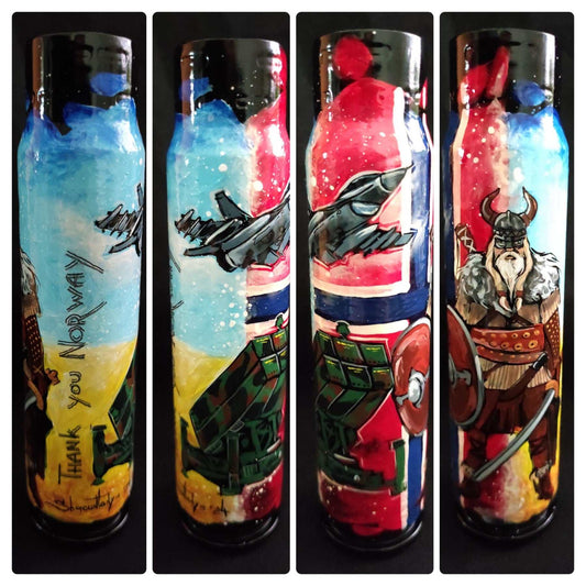 Norwegian Viking drawing on 30mm shell artwork by Tanya Shacun thanking Norway