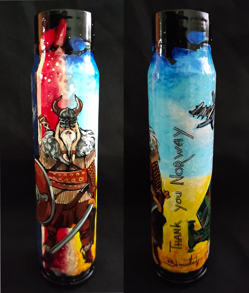 Norwegian Viking drawing on 30mm shell artwork by Tanya Shacun thanking Norway