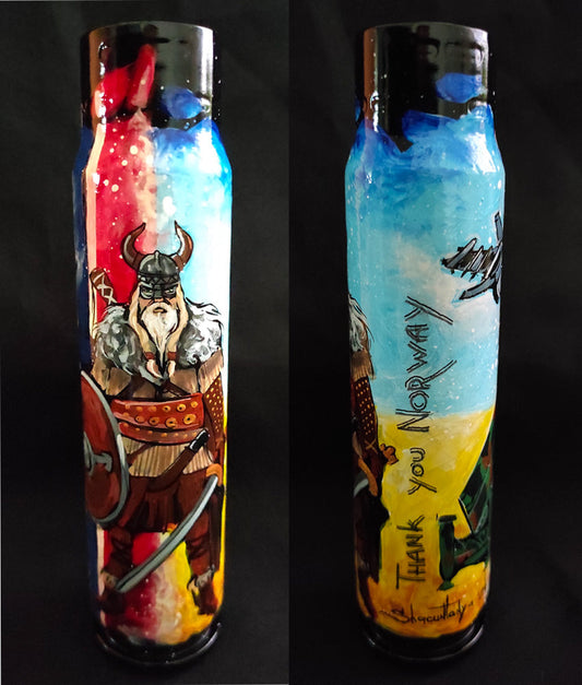 Norwegian Viking drawing on 30mm shell artwork by Tanya Shacun thanking Norway