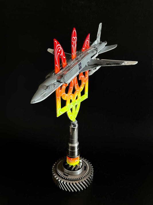 Occupant's downed TU22M3 aircraft impaled on 38cm Tryzub sculpture by Hisoshi Art Studio