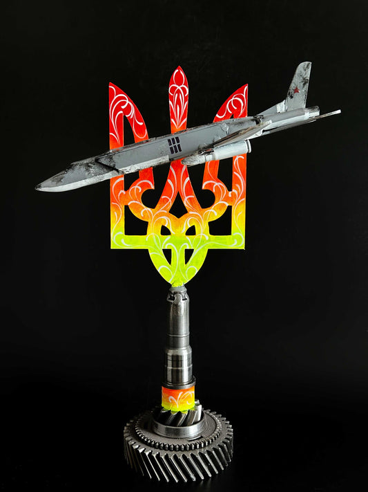 Occupant's downed TU22M3 aircraft model impaled on 38cm Tryzub sculpture designed by Hisoshi Art Studio