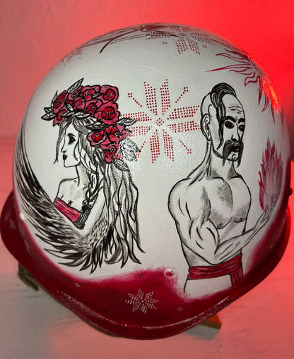 Occupant's helmet decorated with multiple artistic drawings symbolizing Ukrainian resistance against Russian invasion