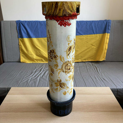 Painted 155mm shell container tribute to 93rd Brigade Kholodnyi Yar, 70cm tall
