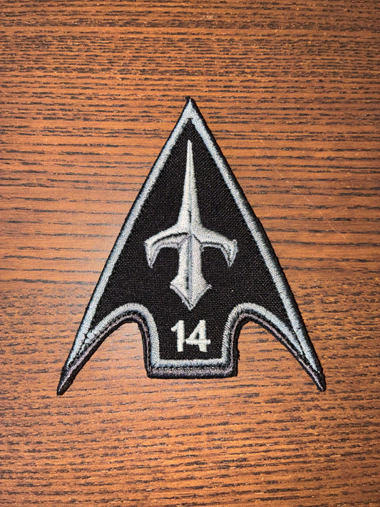 Patch - 1st Center of Unmanned Systems Forces, black embroidered arrowhead patch with white drone emblem and 14
