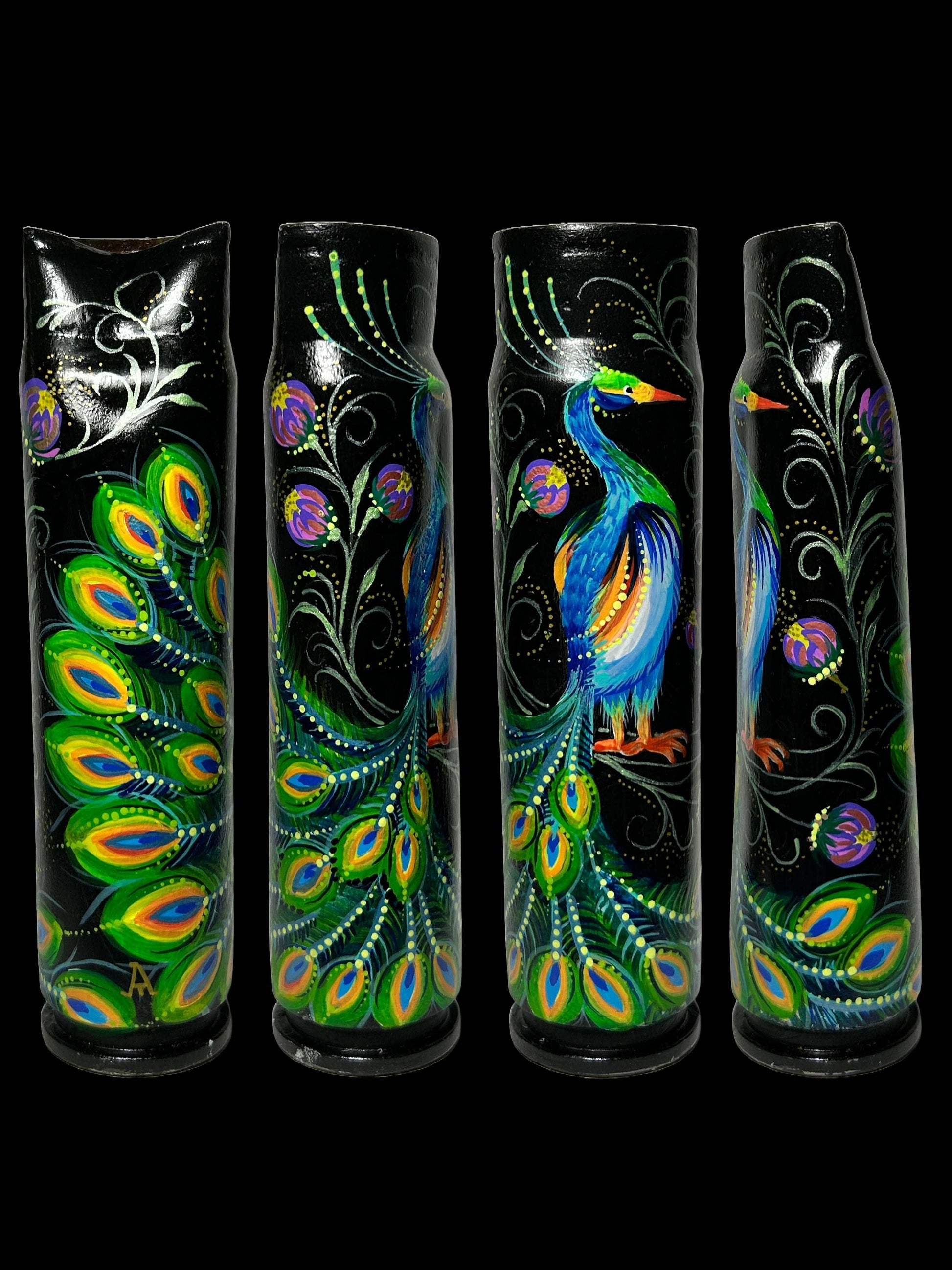 Peacock drawn on 30mm exploded shell artwork by Tanya Leonova