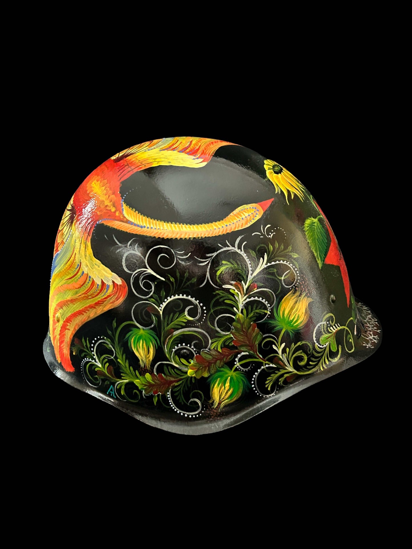 Peacock painted on USSR helmet designed by Tetiana Leonova