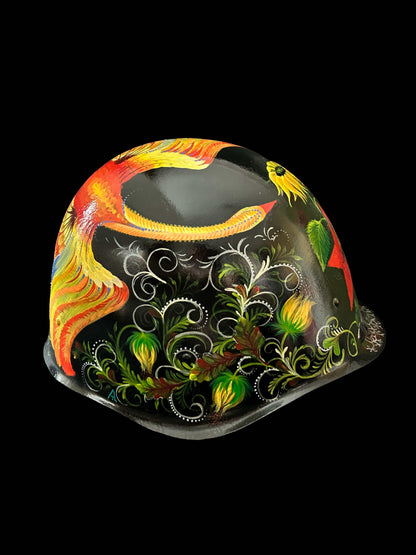 Peacock painted on USSR helmet designed by Tetiana Leonova