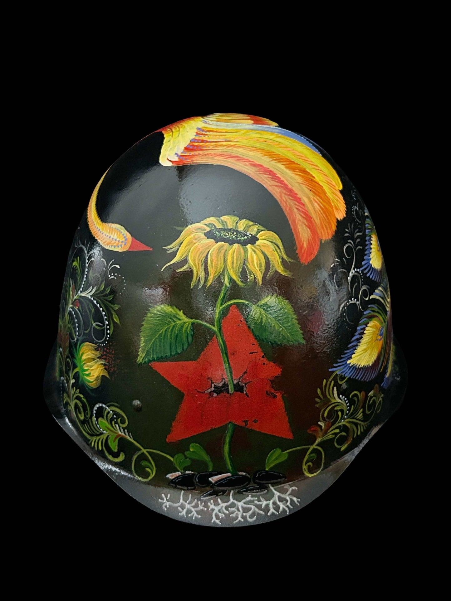 Peacock painted on USSR helmet designed by Tetiana Leonova