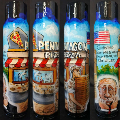 Pentagon Pizza artwork painted on 30mm shell by Tanya Shacun