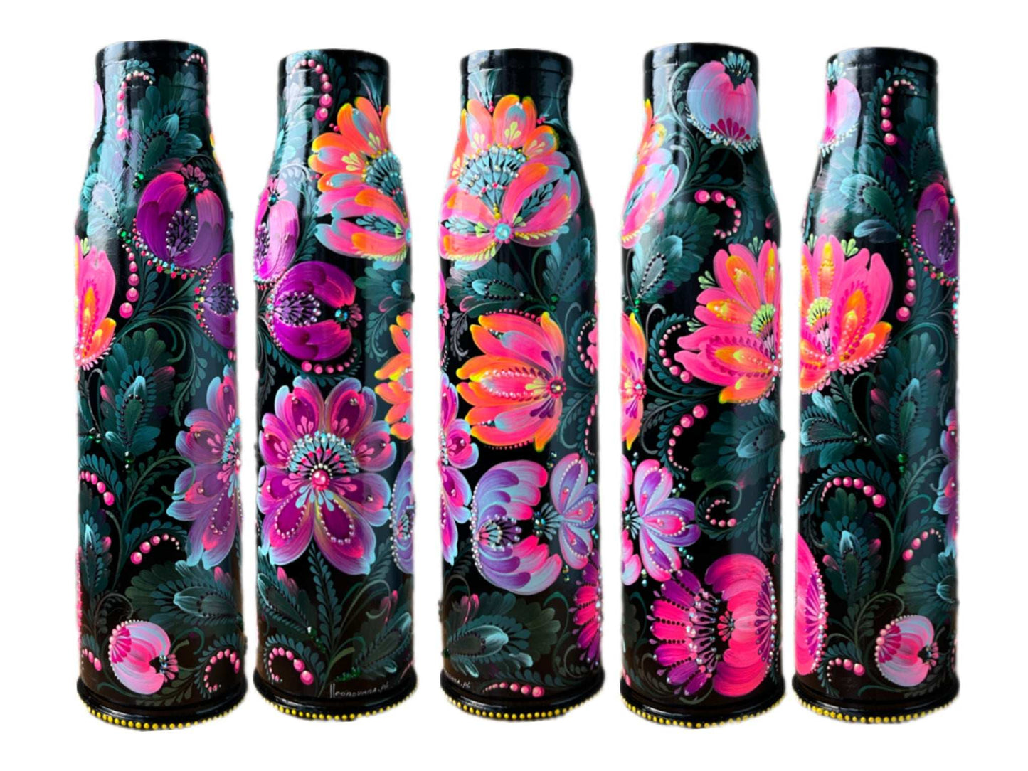 35cm tall 57mm exploded spent shell painted with patterns by Ukrainian artist Anastasia
